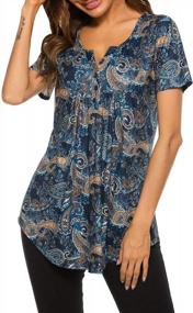 img 2 attached to Floral Henley Tunic: Short-Sleeved V-Neck Tee With Pleated Design, Casual Flowy Blouse For Women