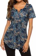 floral henley tunic: short-sleeved v-neck tee with pleated design, casual flowy blouse for women logo