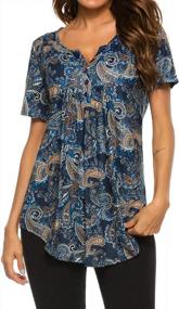 img 1 attached to Floral Henley Tunic: Short-Sleeved V-Neck Tee With Pleated Design, Casual Flowy Blouse For Women