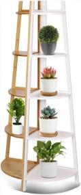 img 2 attached to Bamboo Five-Tier Corner Display Rack And Shelf Organizer For Kitchen, Bathroom, Or Plant Stand In White