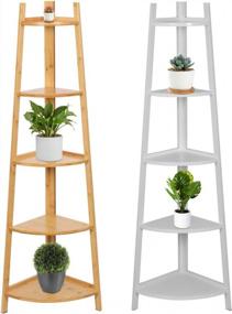 img 3 attached to Bamboo Five-Tier Corner Display Rack And Shelf Organizer For Kitchen, Bathroom, Or Plant Stand In White