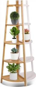 img 1 attached to Bamboo Five-Tier Corner Display Rack And Shelf Organizer For Kitchen, Bathroom, Or Plant Stand In White