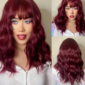 img 4 attached to 🌹 Creamy Bob Wigs with Waves and Bangs in Wine Red - Heat Resistant Synthetic Fiber for Natural Looking Women's Wigs