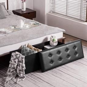 img 3 attached to 43 Inches Folding Storage Ottoman Bench - 120L Large Capacity, Wooden Divider & Faux Leather (Black)