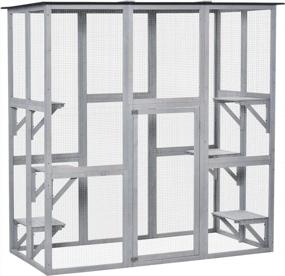 img 4 attached to PawHut Outdoor Cat House Big Catio Wooden Feral Cat Shelter Enclosure With Large Spacious Interior, 6 High Ledges, Weather Protection Asphalt Roof, 71" L, Grey