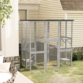 img 3 attached to PawHut Outdoor Cat House Big Catio Wooden Feral Cat Shelter Enclosure With Large Spacious Interior, 6 High Ledges, Weather Protection Asphalt Roof, 71" L, Grey