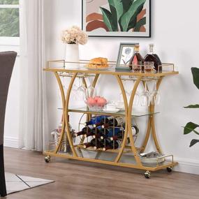 img 3 attached to Entertain In Style With The HOMYSHOPY Gold Bar Serving Cart: Mobile Wine Cart With Glass Holder And Wine Rack, 3-Tier Kitchen Trolley With Tempered Glass Shelves And Gold-Finished Metal Frame
