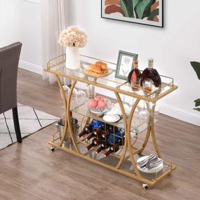 img 2 attached to Entertain In Style With The HOMYSHOPY Gold Bar Serving Cart: Mobile Wine Cart With Glass Holder And Wine Rack, 3-Tier Kitchen Trolley With Tempered Glass Shelves And Gold-Finished Metal Frame