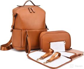 img 4 attached to 👜 Stylish Brown Leather Diaper Bag Backpack for Women - Ideal Travel Baby Bag with Changing Pad & Stroller Straps - 2 Piece Set