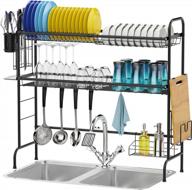 packism over the sink dish rack, 2 tier dish drying rack with utensil holder stainless steel dish drainer, large over sink dish rack shelf for kitchen countertop organizer, non-slip, black logo