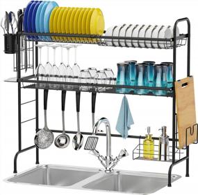 img 4 attached to PACKISM Over The Sink Dish Rack, 2 Tier Dish Drying Rack With Utensil Holder Stainless Steel Dish Drainer, Large Over Sink Dish Rack Shelf For Kitchen Countertop Organizer, Non-Slip, Black