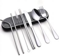 portable cutlery set with waterproof case - reusable travel utensils for lunch boxes, camping, school, and picnics - grey diamond grid design logo