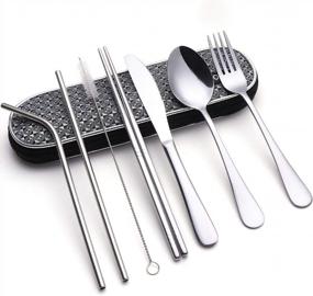 img 4 attached to Portable Cutlery Set With Waterproof Case - Reusable Travel Utensils For Lunch Boxes, Camping, School, And Picnics - Grey Diamond Grid Design