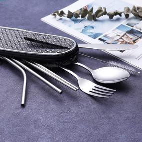 img 3 attached to Portable Cutlery Set With Waterproof Case - Reusable Travel Utensils For Lunch Boxes, Camping, School, And Picnics - Grey Diamond Grid Design