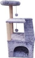 xin three layer cat tree: big cat condo, hanging balls & grey design logo