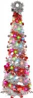 lighted 5 ft artificial tinsel pencil christmas tree with 50 led string light and timer - battery operated white & red holiday decoration for indoor and outdoor home parties, by funpeny logo