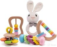 🐰 bopoobo baby wooden rattle set - 5pcs natural crochet bunny organic montessori toys - early development rattle ring - perfect toddler shower gift - infant grasping baby wooden toy - safe wood rattle crafts logo