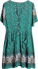 img 1 attached to TEMOFON женское платье богемное летнее платье с цветочным принтом на пуговицах мини V-образный вырез с коротким рукавом повседневные платья с карманами зеленый XL