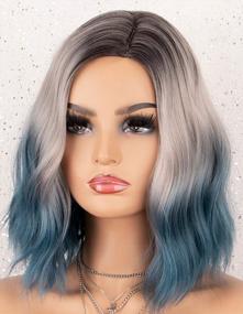 img 2 attached to Blue Ombre Bob Wig With Dark Root: K'Ryssma 3 Tone Short Wavy Synthetic Wig - Heat Resistant, Glueless Hair