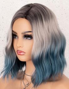 img 1 attached to Blue Ombre Bob Wig With Dark Root: K'Ryssma 3 Tone Short Wavy Synthetic Wig - Heat Resistant, Glueless Hair