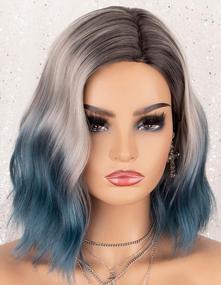 img 3 attached to Blue Ombre Bob Wig With Dark Root: K'Ryssma 3 Tone Short Wavy Synthetic Wig - Heat Resistant, Glueless Hair