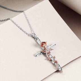 img 2 attached to Sterling Silver Cross Necklace With Rose And Daisy Flower Pendant - Religious Jewelry Gift For Women