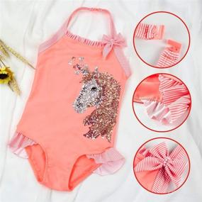 img 2 attached to 🦄 Adorable Toddler Girls Orange One Piece Swimsuit: Sequin Unicorn Swimwear with Bow and Ruffled Bathing Suit