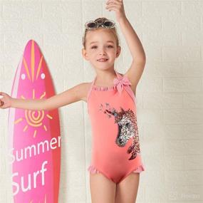 img 1 attached to 🦄 Adorable Toddler Girls Orange One Piece Swimsuit: Sequin Unicorn Swimwear with Bow and Ruffled Bathing Suit