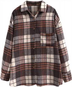 img 4 attached to Casual Women'S Plaid Flannel Shirt Jacket Coat With Long Loose Sleeves And Wool Blend: Perfect Shacket For Any Occasion