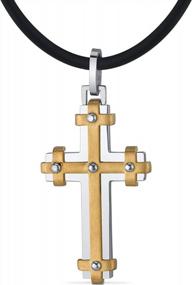 img 4 attached to Stylish Two-Tone Peora Cross Pendant For Men And Women: Stainless Steel And Brass Modern Design With Adjustable Black Cord