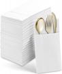 50-pack white prefolded linen-feel dinner napkins with built-in flatware pocket for wedding, party or dining logo