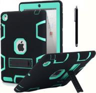 ipad 2/3/4 case with kickstand & stylus - shockproof heavy duty rubber high impact resistant hybrid three layer armor protective cover (black+mint blue) логотип