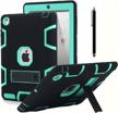 ipad 2/3/4 case with kickstand & stylus - shockproof heavy duty rubber high impact resistant hybrid three layer armor protective cover (black+mint blue) logo
