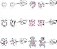 stylish and safe: cassieca 6-pair hypoallergenic stainless steel stud earrings with cz heart, flower, and turtle designs - ideal gift for women logo