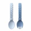 itzy ritzy silicone spoon & fork set; baby utensil set features a fork and spoon with looped, braided handles; made of 100% food grade silicone & bpa-free; ages 6 months and up, blue logo