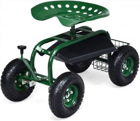 img 4 attached to Goplus Garden Cart Workseat With Wheels And Tool Tray - Patio Wagon Scooter For Planting And Gardening, Includes Basket And Knob Handle