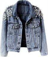 stylish women's oversized denim jacket with embroidered pearls and rivets logo