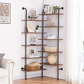 img 1 attached to 10-Tier HOMBAZAAR L Shaped Industrial Bookshelf, Double Wide Wall Mount Shelf With Metal Frame And Wood, Modern Corner Pipe Bookcase For Living Room, Oak Brown
