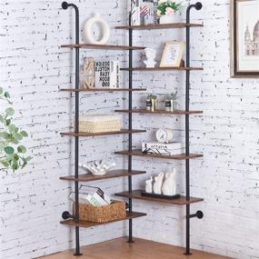 img 2 attached to 10-Tier HOMBAZAAR L Shaped Industrial Bookshelf, Double Wide Wall Mount Shelf With Metal Frame And Wood, Modern Corner Pipe Bookcase For Living Room, Oak Brown