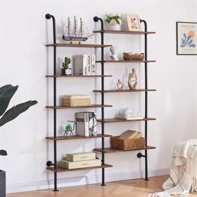 img 4 attached to 10-Tier HOMBAZAAR L Shaped Industrial Bookshelf, Double Wide Wall Mount Shelf With Metal Frame And Wood, Modern Corner Pipe Bookcase For Living Room, Oak Brown