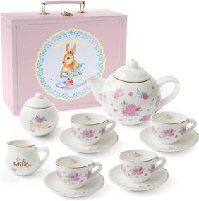 img 4 attached to Enchanting 13-Piece Floral Porcelain Tea Set For Little Girls By Jewelkeeper