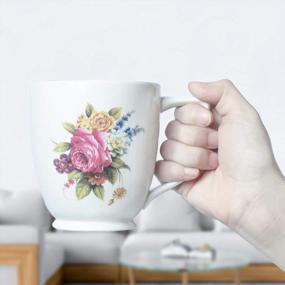 img 2 attached to Набор фарфоровых чайных чашек с цветочным принтом QCH, кофейные кружки с розовым пионом для женщин, чашки для латте (6/16 унций)