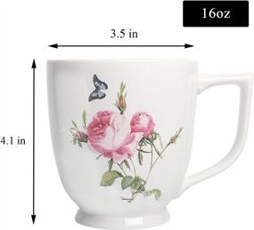 img 3 attached to Набор фарфоровых чайных чашек с цветочным принтом QCH, кофейные кружки с розовым пионом для женщин, чашки для латте (6/16 унций)