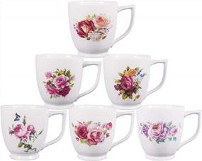 img 4 attached to QCH Porcelain Floral Tea Cup Set Rose Peony Coffee Mugs For Women Latte Cups (6/16 Oz)