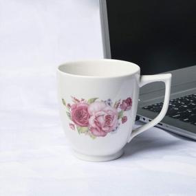 img 1 attached to Набор фарфоровых чайных чашек с цветочным принтом QCH, кофейные кружки с розовым пионом для женщин, чашки для латте (6/16 унций)