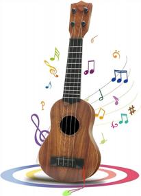 img 4 attached to QDH Kids Toy Ukulele With Pick, 17-Inch 4 Steel Strings, Wooden Color - Educational Musical Instrument Gift For Preschool Children, Ages 3-6