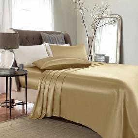 img 4 attached to Golden Queen Size Satin Sheet Set With Silky Super Soft Texture And Deep Pockets By ARTALL