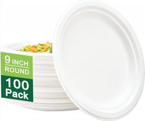img 4 attached to 100 Pack 9 Inch Compostable Paper Plates - Heavy Duty, Eco-Friendly Disposable Bagasse Biodegradable Microwave Safe Natural White Sugarcane Party & Picnic Plates.