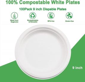 img 2 attached to 100 Pack 9 Inch Compostable Paper Plates - Heavy Duty, Eco-Friendly Disposable Bagasse Biodegradable Microwave Safe Natural White Sugarcane Party & Picnic Plates.