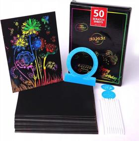 img 4 attached to Playkidiz Scratch Paper Art Box, 50 радужных заметок 8,3 x 5,8 дюйма, Magic Scratch Art, включает 3 мандалы для забавных рисунков и 10 стилусов